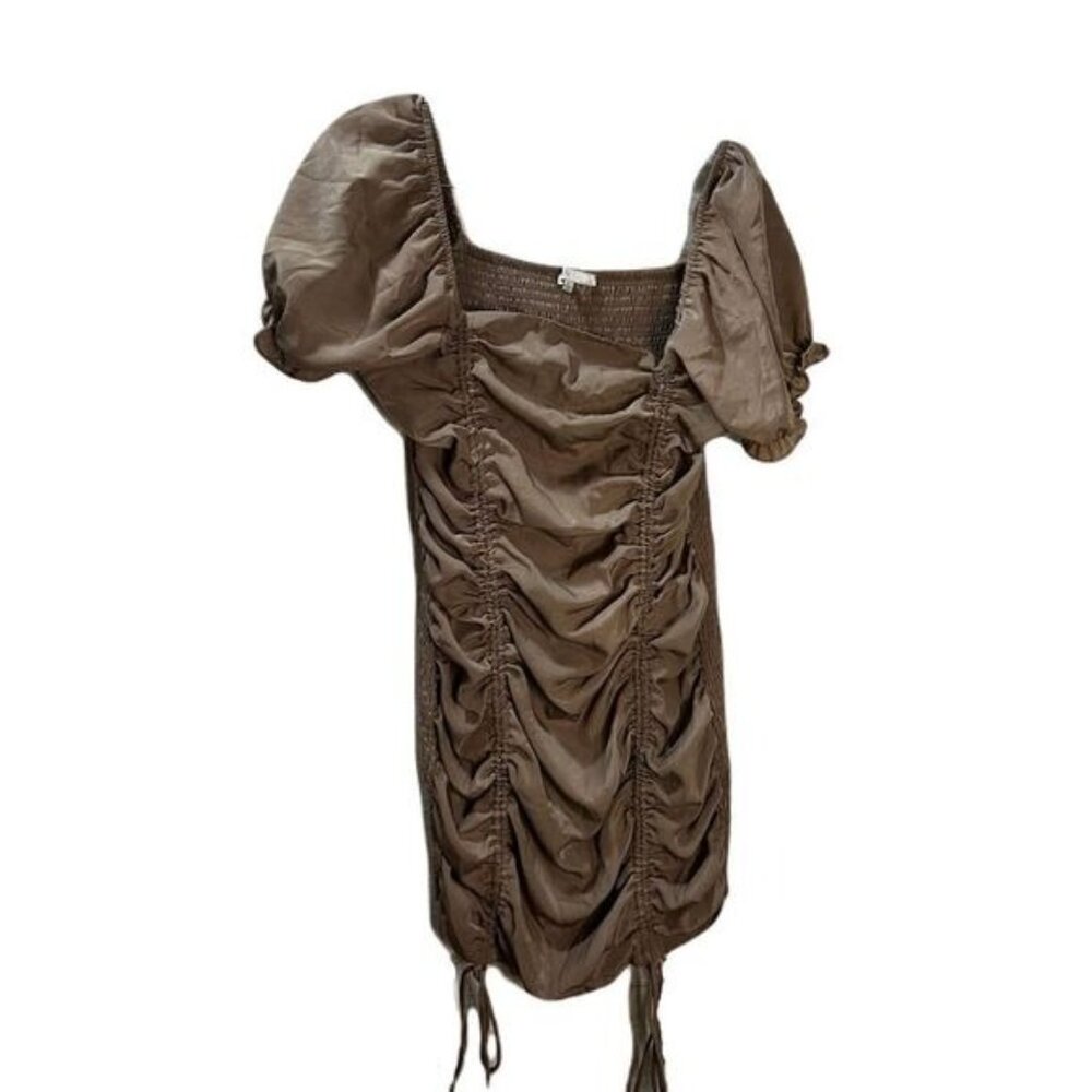 Mocha Slinky Ruched Puff Sleeve‎ Mini Dress Large